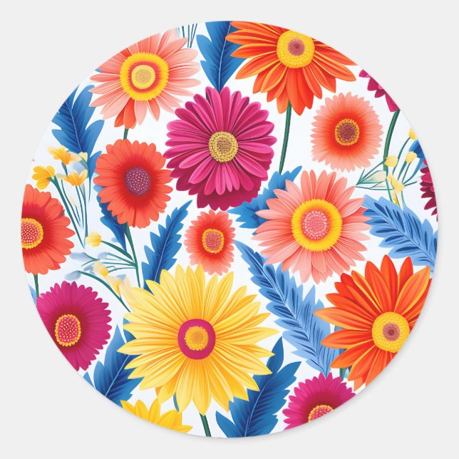 Pegatina Redonda Colorida Gerbera Daisies Floral (Anverso)