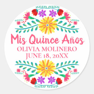 Pegatina Redonda Colorida Mi Quince Anos Fiesta Floral Mexicana