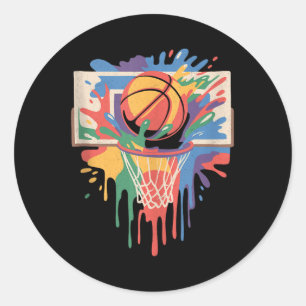 Pegatina Redonda Colorida pintura salpicada Baloncesto Artístico Sl