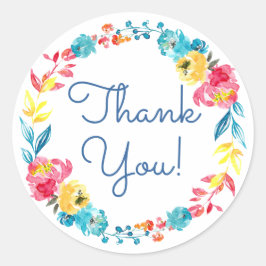 Pegatina Redonda Colorida y brillante acuarela Floral Gracias