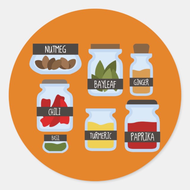 Pegatina Redonda Coloridas jarras de especias estilo de cocina (Anverso)