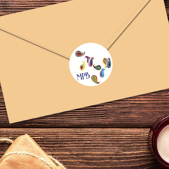 Pegatina Redonda Coloridas Paisleys e Iniciales (Subido por el creador)