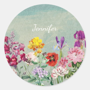 Pegatina Redonda Coloridas vintage floreciendo bellas flores silves