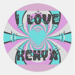 Pegatina Redonda Colorido Amor Kenia: Blanco Cian Purpura Divertido