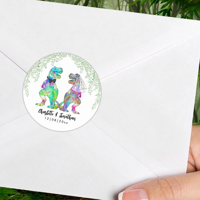 Pegatina Redonda Colorido Boda temático de dinosaurios (Colorful T-Rex bride and groom custom dinosaur wedding sticker with bride and groom names and date)