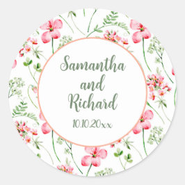 Pegatina Redonda Colorido color de agua Boda de flores silvestres