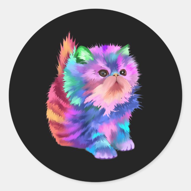 Pegatina Redonda Colorido Cute Funny Rainbow Kitten Rave Psychedeli (Anverso)