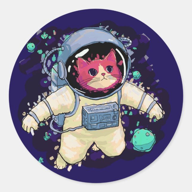 Pegatina Redonda Colorido gato astronauta (Anverso)
