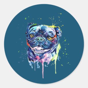 Pegatina Redonda Colorido Perro de arte de Pug Lover