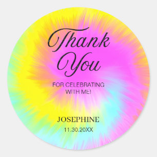 Pegatina Redonda Colorido Tie Dye Pastel Rainbow Birday Gracias