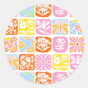 Pegatina Redonda Colorido Tile Floral Botánico Folk Whimsical
