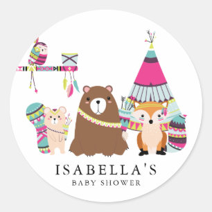Pegatina Redonda Coloridos amigos tribales de Woodland Baby Shower