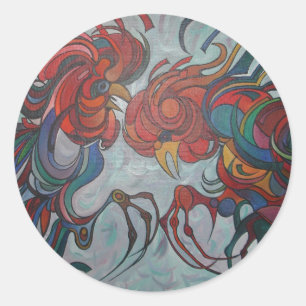 Pegatina Redonda Coloridos gallos de corral