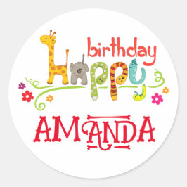 Pegatina Redonda Coloridos personajes animales Feliz cumpleaños