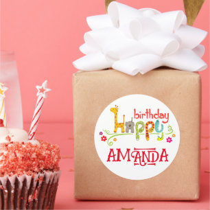 Pegatina Redonda Coloridos personajes animales Feliz cumpleaños