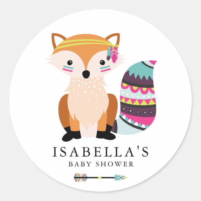 Pegatina Redonda Coloroso Baby Shower tribal Fox (Anverso)