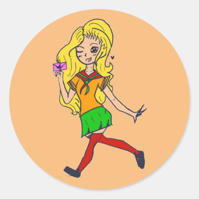 Pegatina Redonda Colourful blonde cartoon girl. Fluffy.  (Anverso)