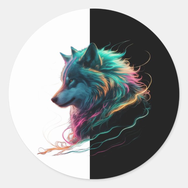 Pegatina Redonda Colourful Wolf Sticker for any item surface.  (Anverso)