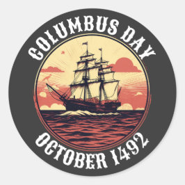 Pegatina Redonda Columbus Day Sailing Bote Vintage Sunset