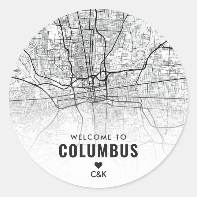 Pegatina Redonda Columbus, Mapa de Ohio | Bienvenida Boda (Anverso)