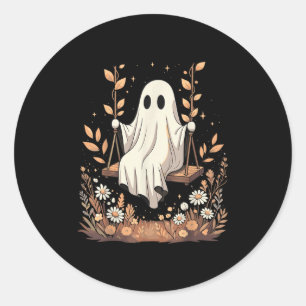 Pegatina Redonda Columpio de fantasma de Halloween Floral de otoño