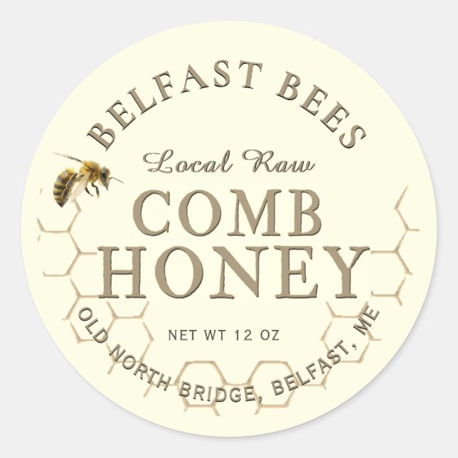 Pegatina Redonda Comb Honey Realist Honeybeb Honeycomb Raw Local (Anverso)