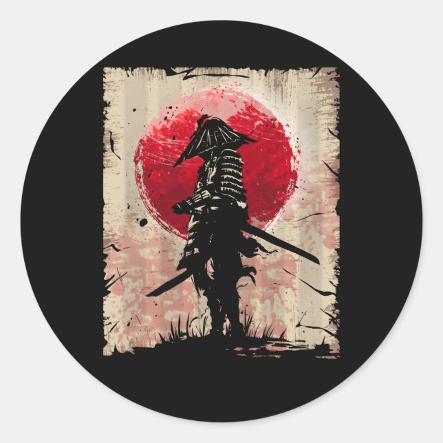 Pegatina Redonda Combatiente Samurai Japonés (Anverso)