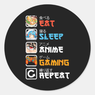 Pegatina Redonda Come Dormir Anime Juegos Repetir Jugador Hombre Ad