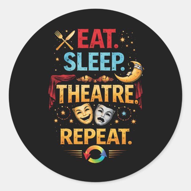 Pegatina Redonda Come, Duerme, Teatro, Repite (Anverso)