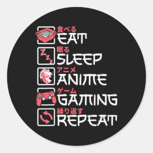 Pegatina Redonda Comer Sleep Anime Gaming Repetir Otaku Gamer japon