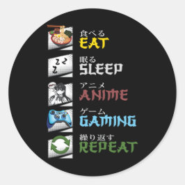 Pegatina Redonda Comer Sleep Anime Gaming Repetir Otaku Gamer japon