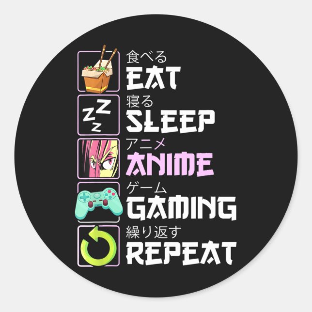Pegatina Redonda Comer Sueño Anime Gaming Repetir Kawaii Otaku Anim (Anverso)