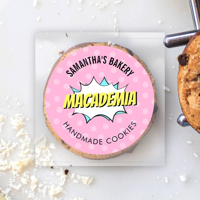 Pegatina Redonda Comic Retro Pop Art Nostalgic Panadería Rosa (Colorful and fun bakery labels with cartoon design - great for cookies, cupcakes, cakes and more)