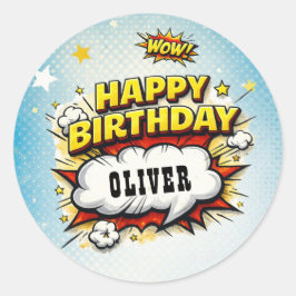 Pegatina Redonda Comic Style Superhero Boy's Name Birthday