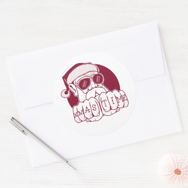 Pegatina Redonda Cómico Gangsta Santa Navidades Time Knuckle Tattoo (Sobre)