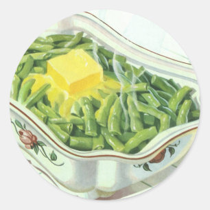Pegatina Redonda Comida antigua, cazuela de judías verdes con mante