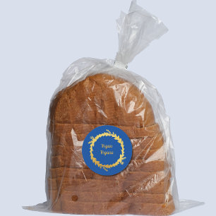 Pegatina Redonda Comida bilingüe azul y verde dorado (Vegano)