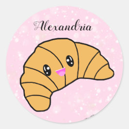 Pegatina Redonda Comida de panadería rosa de croissant personalizad