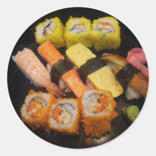 Pegatina Redonda Comida en bruto de sushi comida japonesa deliciosa