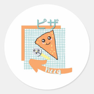 Pegatina Redonda comida kawaii - pizza linda, naranja, turquesa