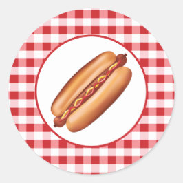 Pegatina Redonda Comida Rápida Hot Dog Snack Sobre Gingham Rojo