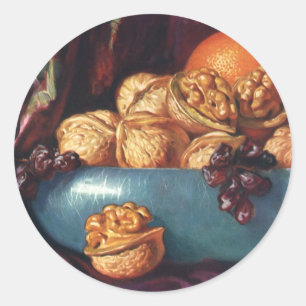 Pegatina Redonda Comida vintage, nueces y fruta en un bol azul