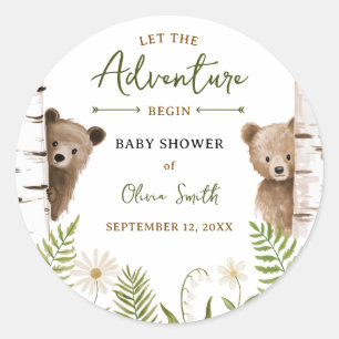 Pegatina Redonda Comienza la aventura Bosque Oso Baby Shower