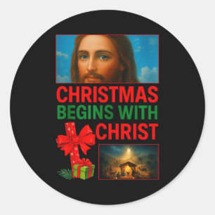 Pegatina Redonda Comienza la Navidad Hugvyn Con la Cruz de Cristo J