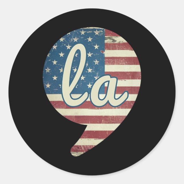Pegatina Redonda Comma La Kamala Harris Bandera Americana Comma + L (Anverso)