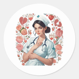 Pegatina Redonda Compassionate Nurse – Elegant Floral Art Illustrat
