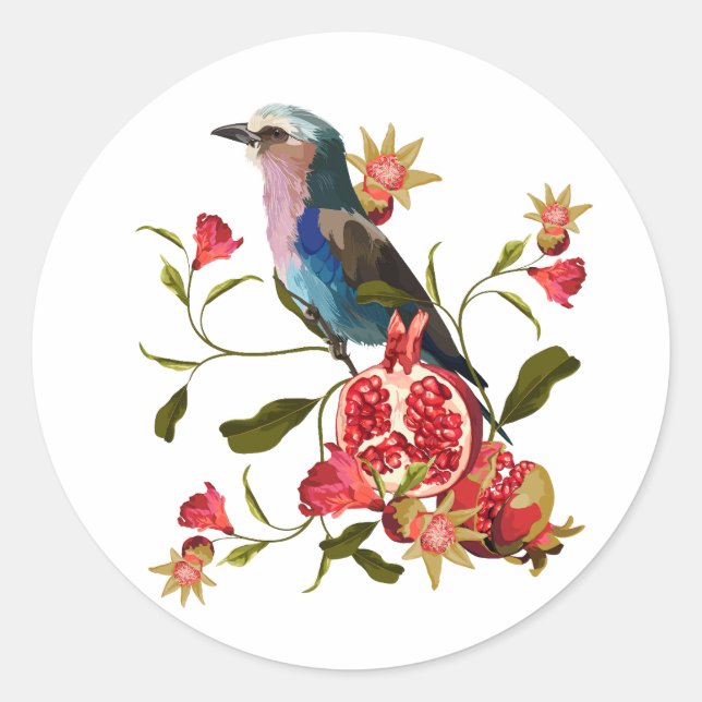 Pegatina Redonda Composición de las aves y los frutos granados. (Anverso)