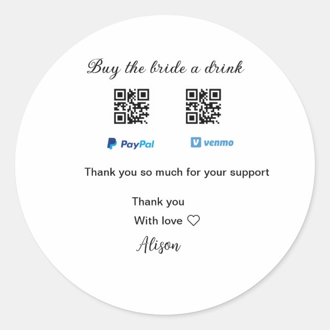 Pegatina Redonda Compra una bebida para la novia donación QR Venmo  (Anverso)