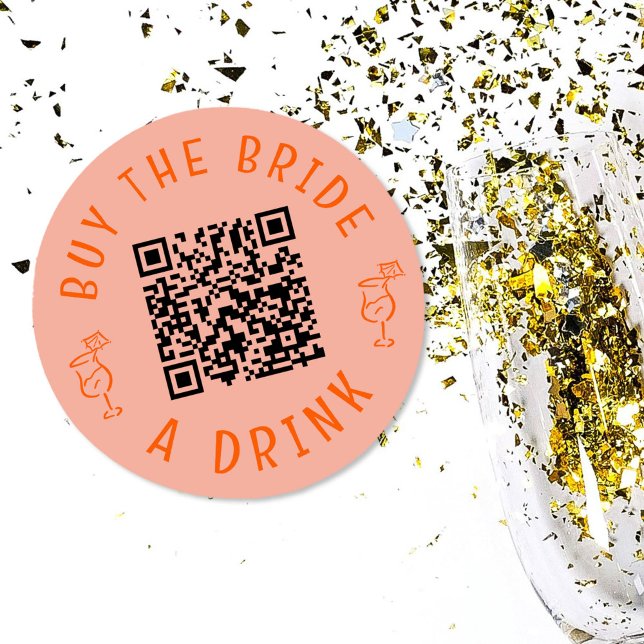 Pegatina Redonda Cómprale a la Novia una Bebida Código QR Despedida (Pink and red Buy The Bride A Drink QR code sticker.)