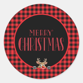 Pegatina Redonda Comprobación de búfalo negro rojo con renos